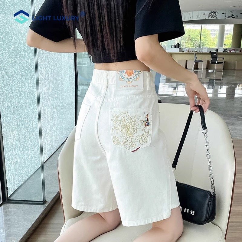 新中式牛仔短裤女夏季薄款高腰宽松五分直筒裤国风刺绣设计阔腿裤
