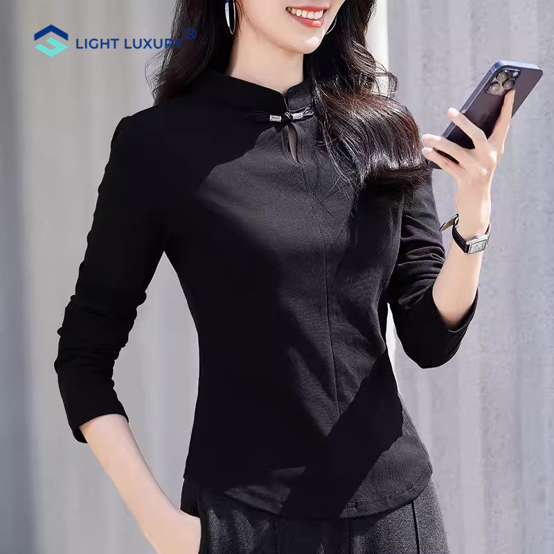 黑色半高领长袖T恤女2026新款轻国风盘扣内搭上衣修身打底衫