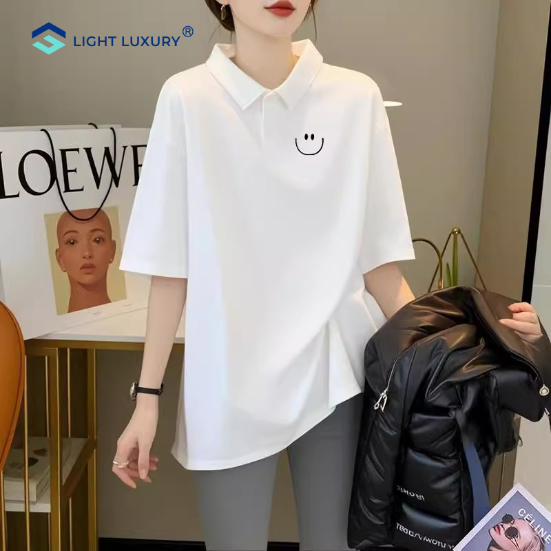 白色短袖T恤女遮屁股轻奢POLO领