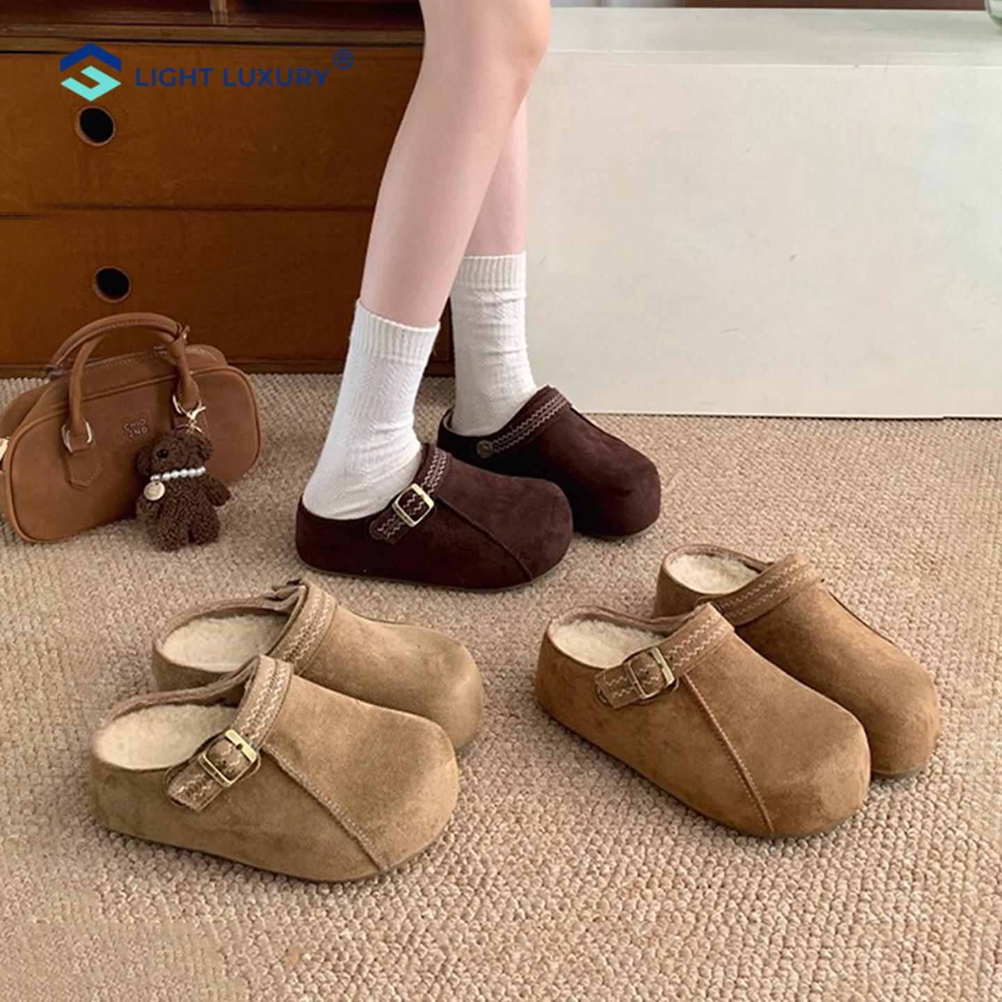 美拉德厚底加绒勃肯鞋女内增高