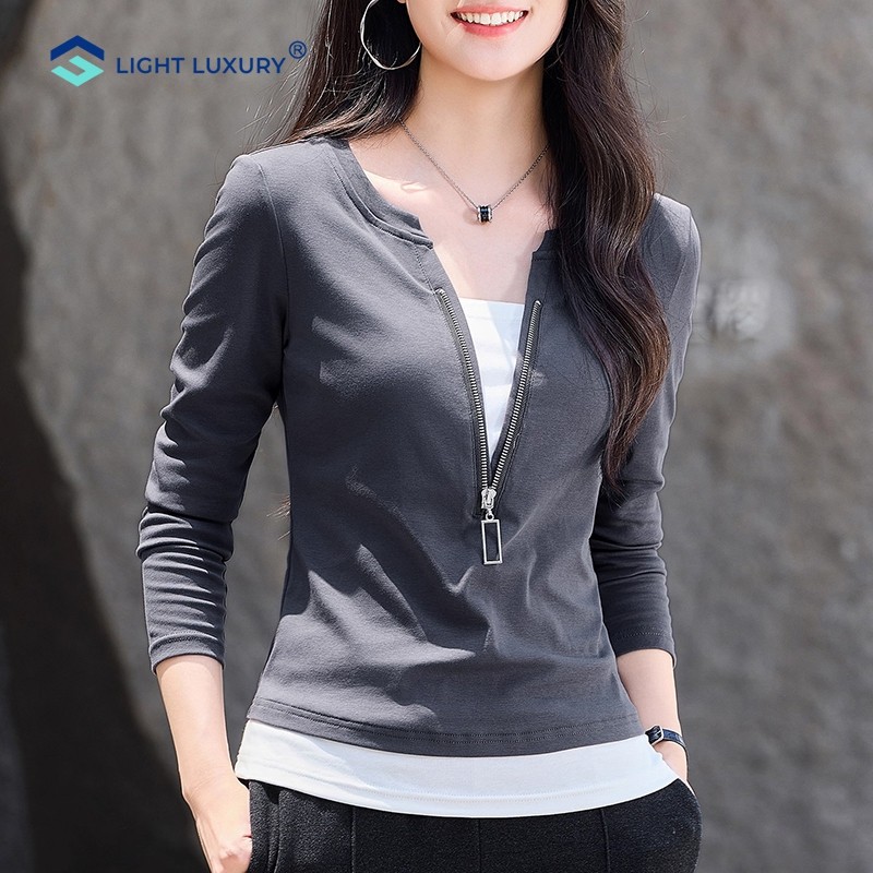 女士灰色修身t恤拉链拼接假两件v领长袖上衣修身显瘦春秋打底衫