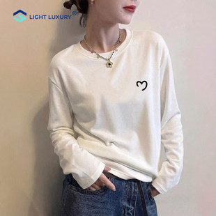 纯棉长袖t恤女2026新款正肩设计感印花白色打底衫宽松落肩上衣