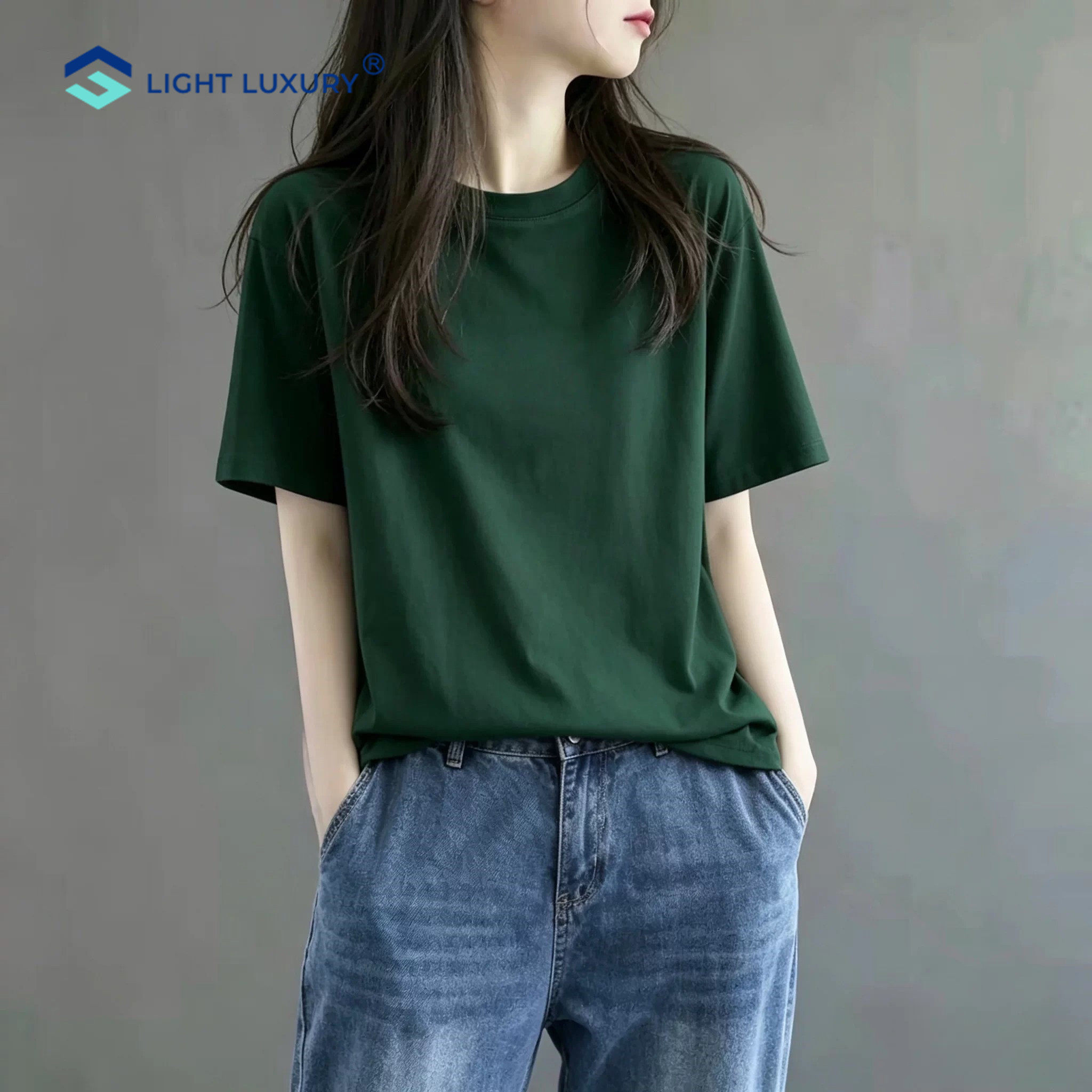 墨绿色短袖t恤女通勤宽松遮肉
