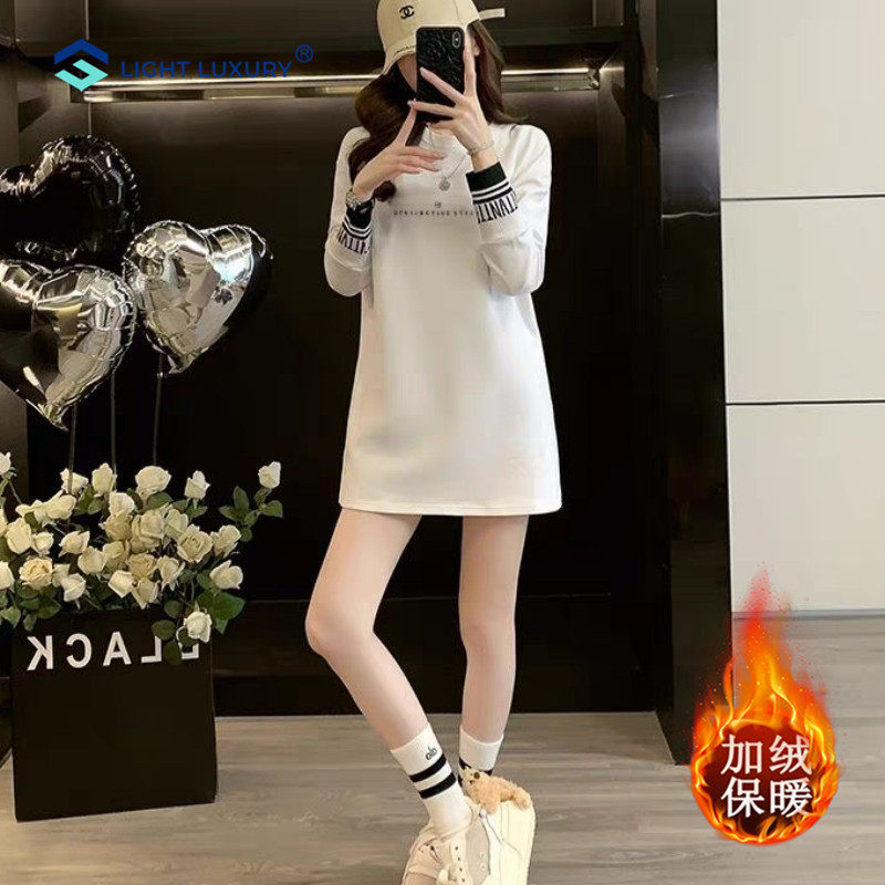 白色长袖T恤女内搭打底衫中长款小个子秋冬加绒拼接宽松休闲上衣