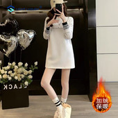 中长款 白色长袖 T恤女内搭打底衫 小个子秋冬加绒拼接宽松休闲上衣