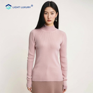 显瘦高弹半高领毛衣减龄粉色针织打底衫 100纯山羊绒衫 女秋冬修身