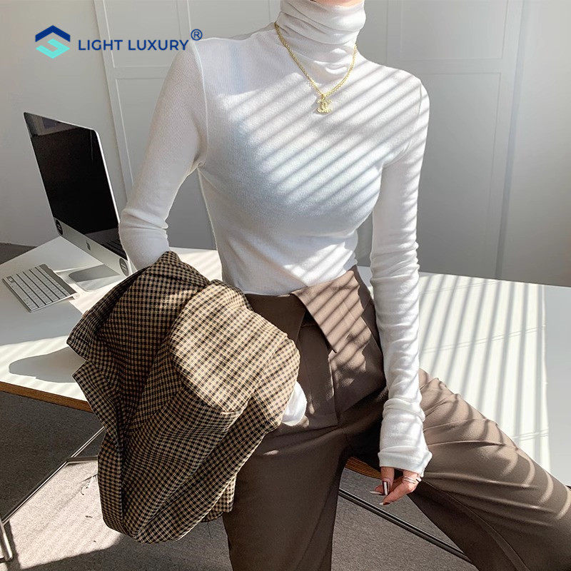 纯棉上衣女堆堆领秋冬新款大码高领长袖打底衫舒适内搭薄款T恤