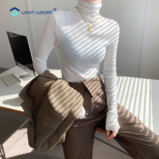 舒适内搭薄款 纯棉上衣女堆堆领秋冬新款 打底衫 高领长袖 T恤 大码