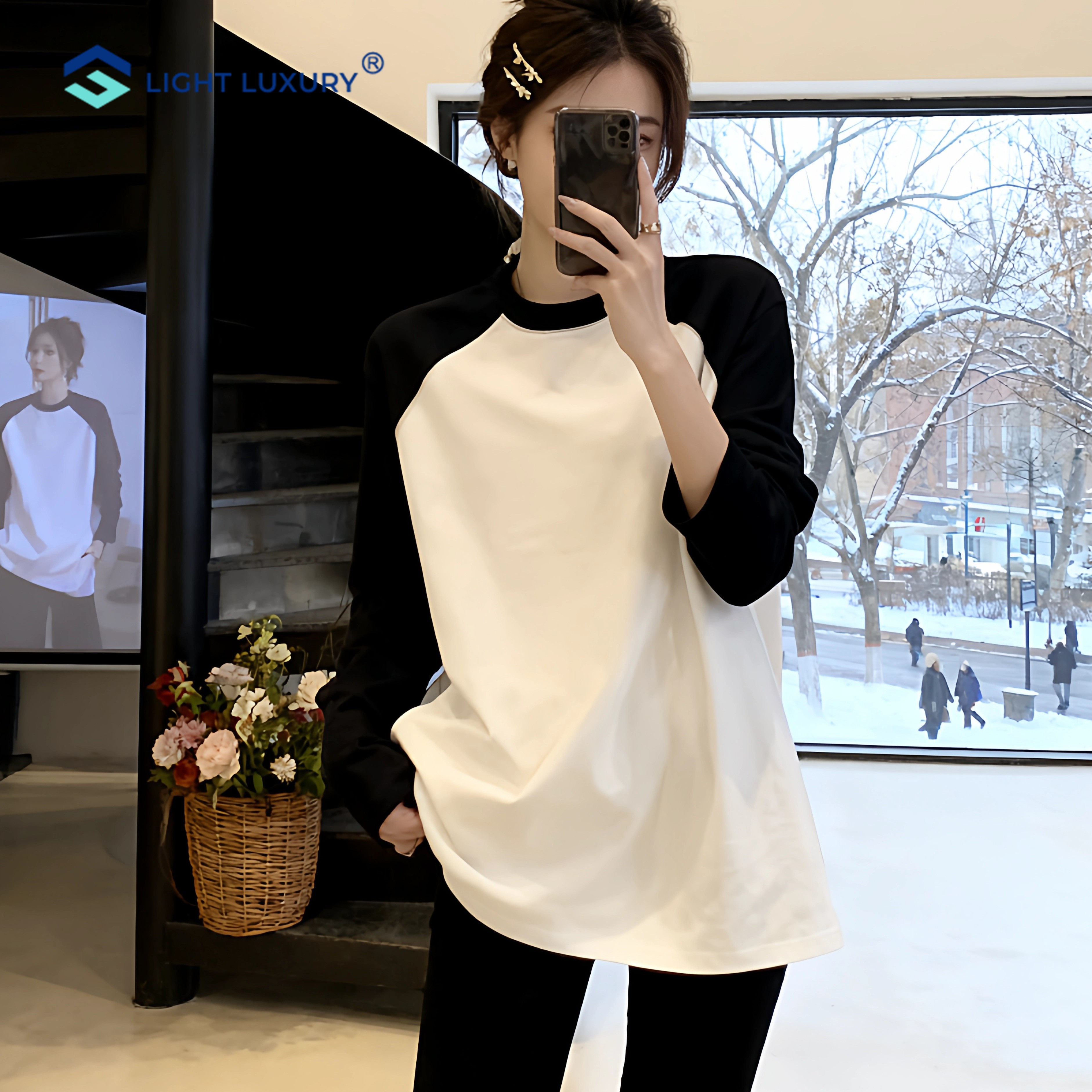 撞色插肩长袖T恤女2026新款内搭宽松休闲打底衫圆领中长款上衣