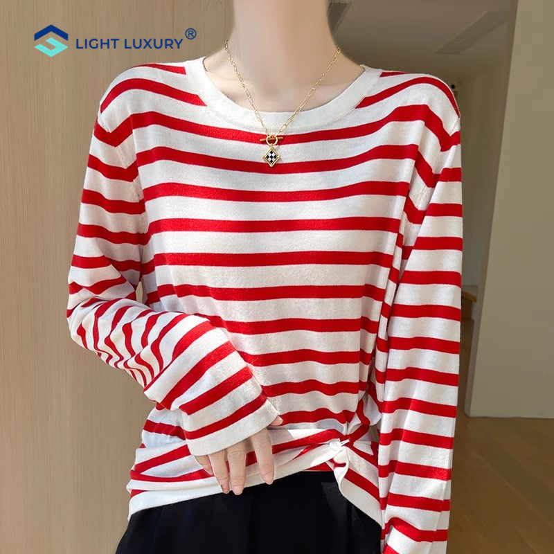 红色条纹长袖t恤女秋冬流行薄款宽松可外穿上衣减龄打底针织衫