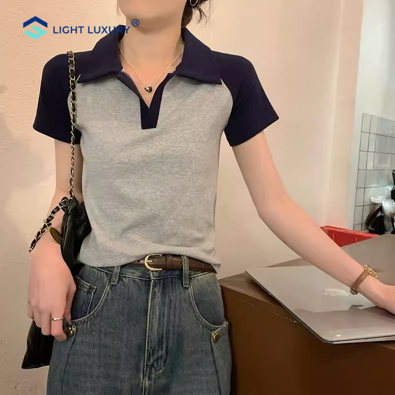 正肩纯色T恤女撞色拼接短袖翻领