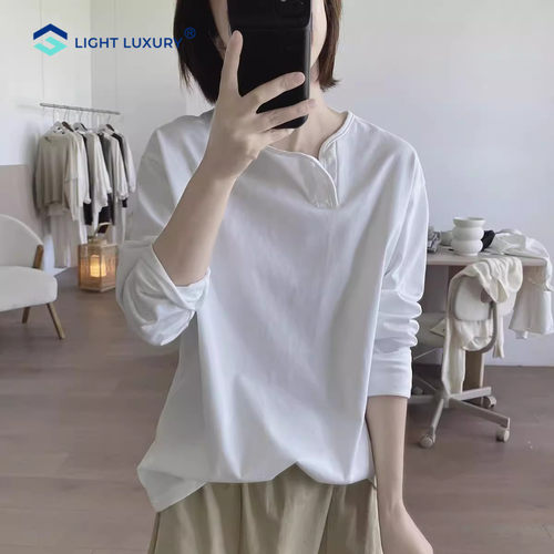 斜襟白色长袖t恤女不规则设计