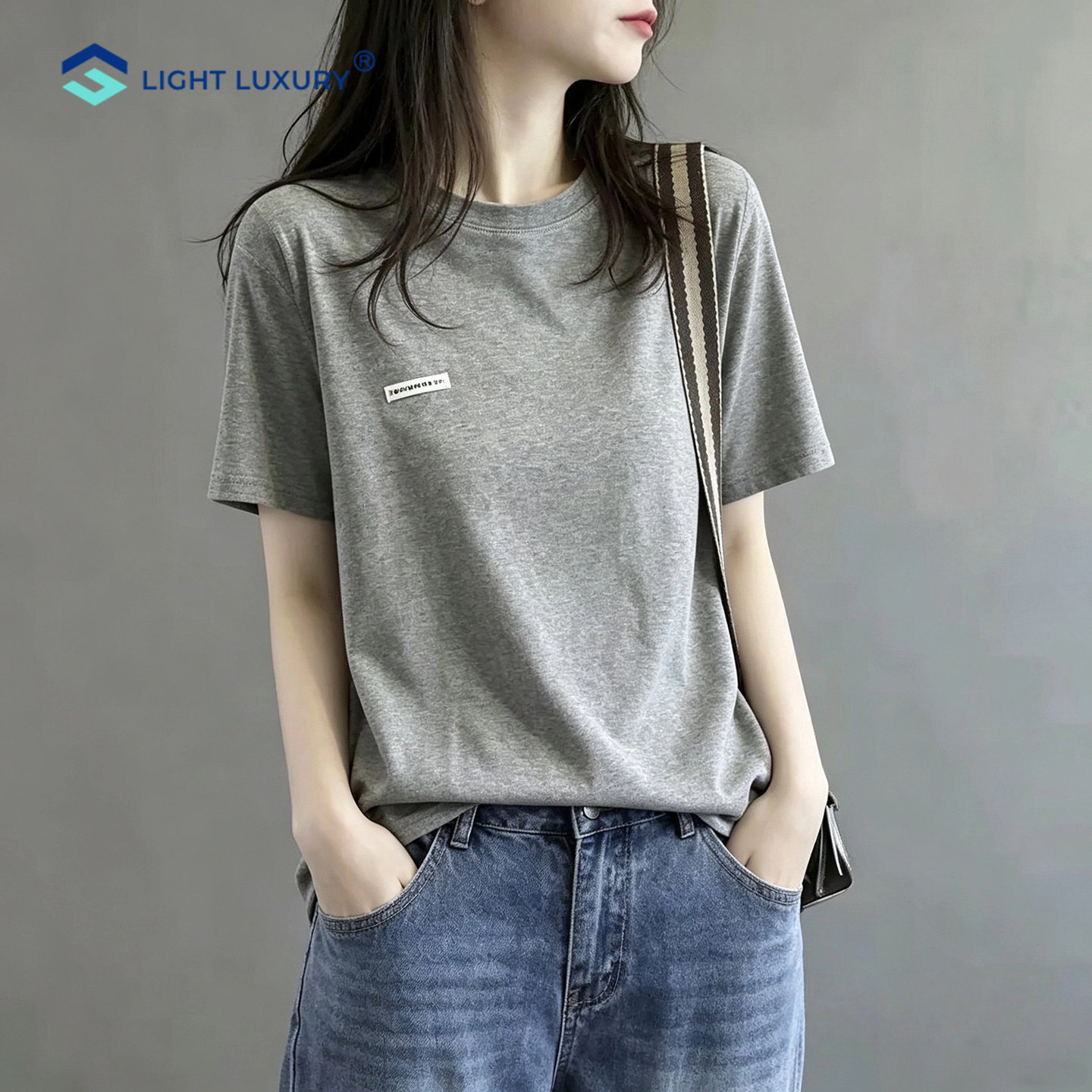 灰色短袖T恤女宽松显瘦简约上衣