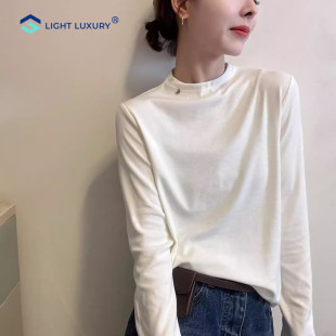 别致显瘦设计上衣 白色内搭打底衫 纯色长袖 t恤女简约圆领2025新款