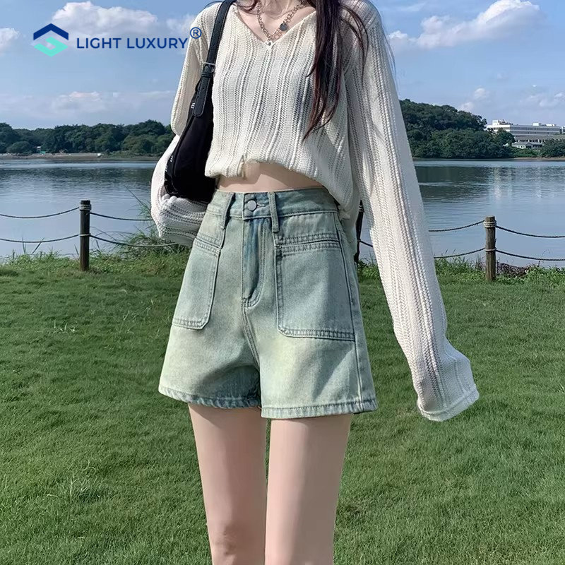 牛仔短裤女夏季新款复古蓝色宽松显瘦阔腿裤高腰薄款透气a字裤子