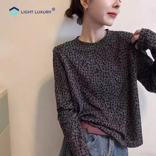 豹纹长袖t恤女打底衫独特设计正肩内搭复古时尚减龄洋气欧货上衣