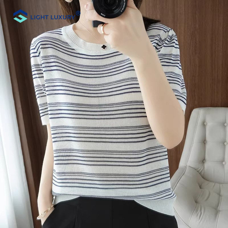 条纹短袖T恤女套头宽松显瘦针织
