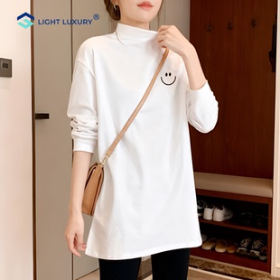 半高领长袖T恤女2026新款中长款宽松白色内搭打底衫搭鲨鱼裤上衣