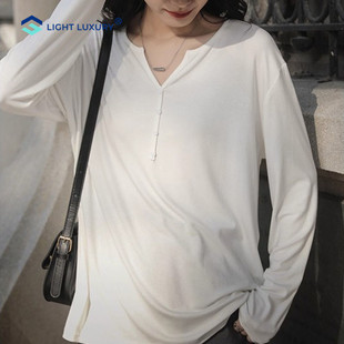 莫代尔面膜t恤女秋季 新品 宽松长袖 V领上衣休闲慵懒纯白色打底衫