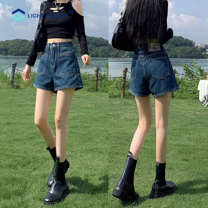 高腰牛仔短裤女夏季新款宽松显瘦裤a字热裤深蓝色小众设计感裤子