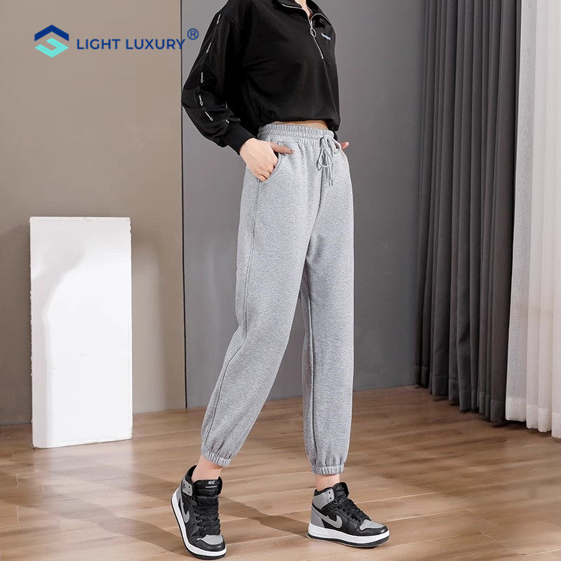 灰色加绒运动裤女束腿休闲九分卫裤小个子流行显高简约百搭哈伦裤