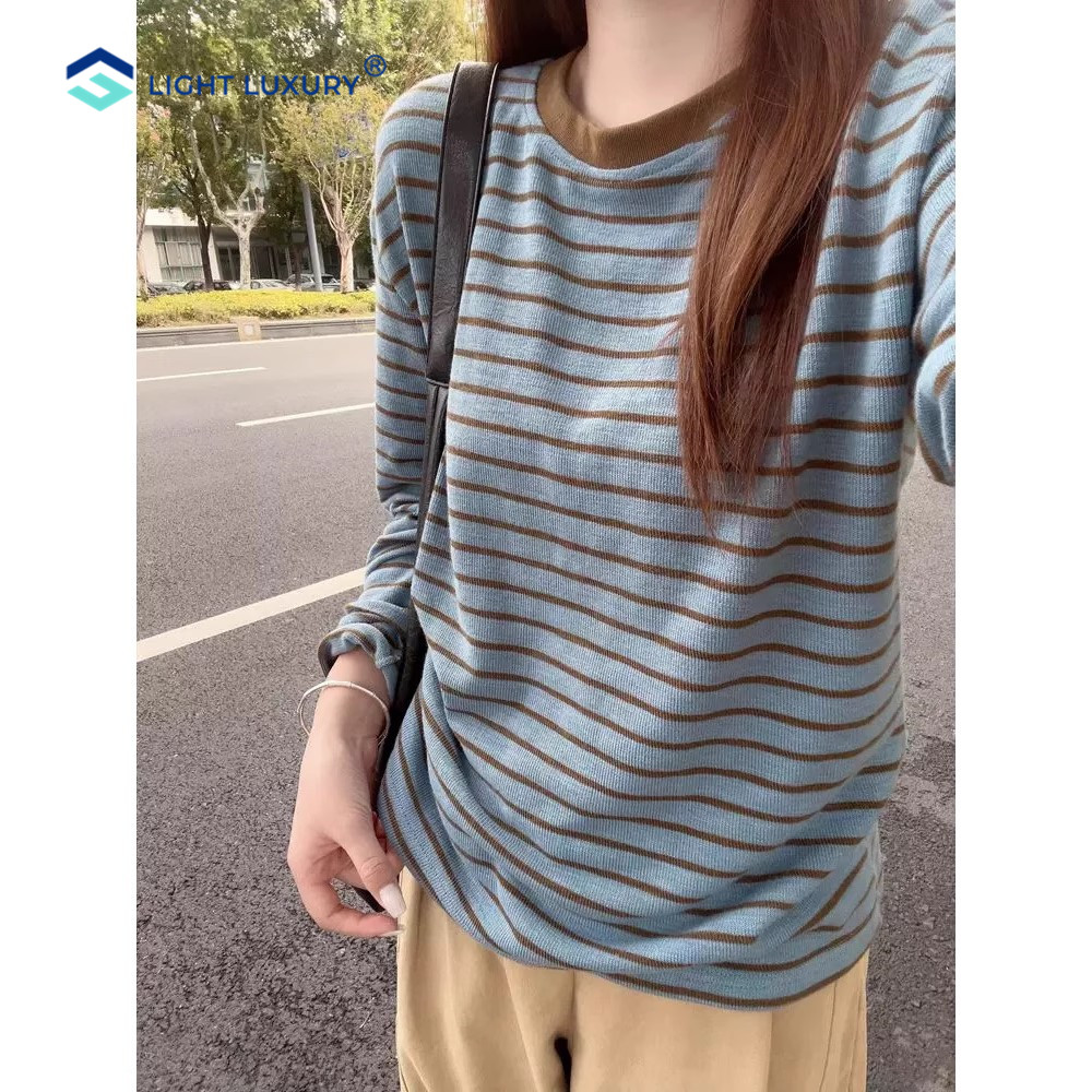 撞色条纹长袖t恤女减龄舒适磨毛