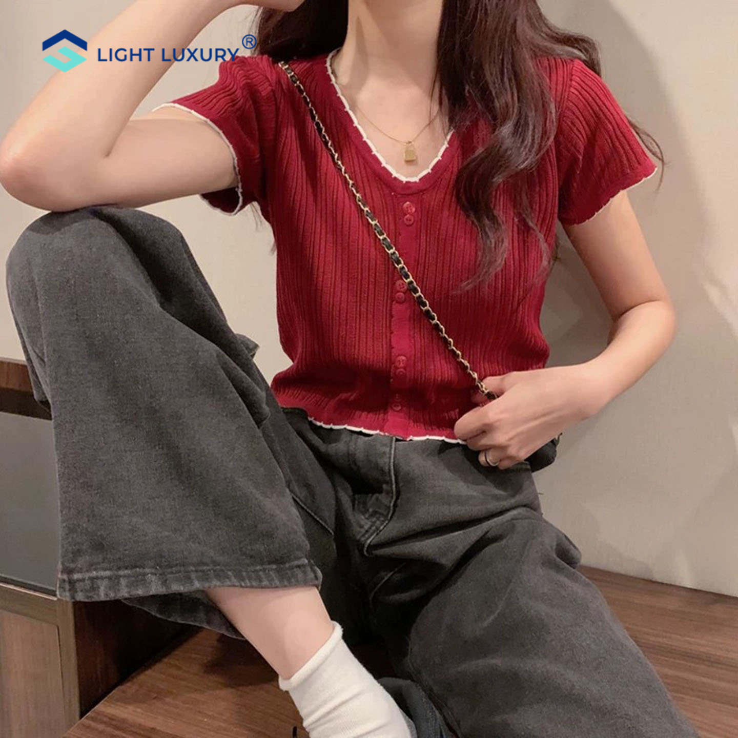 V领短袖t恤女针织衫ins潮上衣