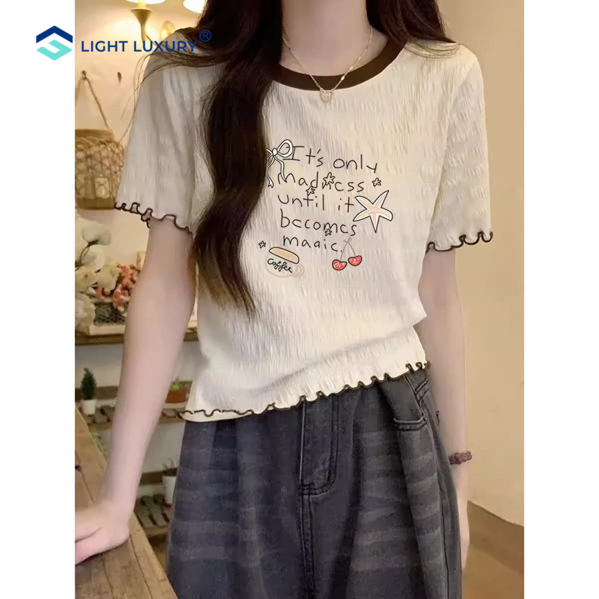 白色短袖t恤女夏季新款圆领正肩木耳边设计感上衣撞色内搭打底衫