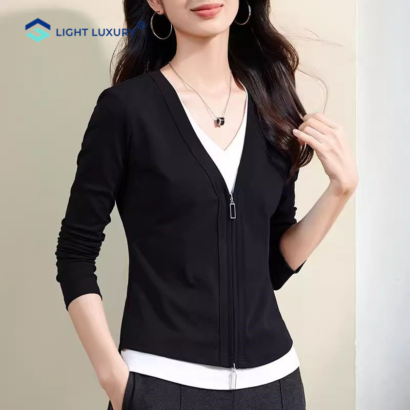 假两件V领长袖t恤女新款拼色拉链正肩内搭打底衫修身显瘦高级上衣