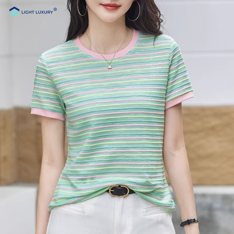 条纹正肩短袖t恤女遮肚减龄时髦