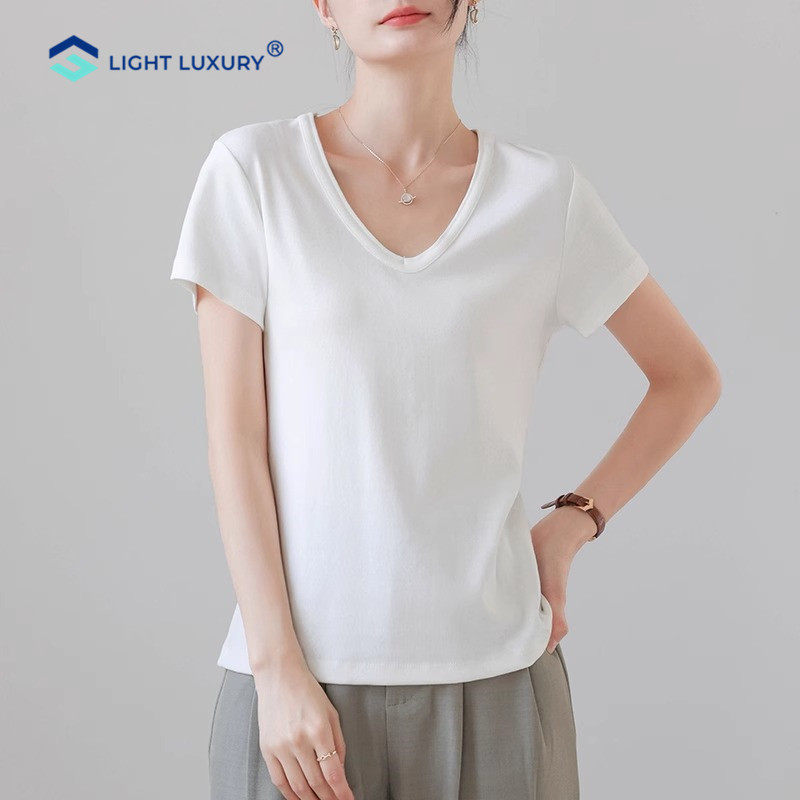 v领短袖t恤女夏季薄款修身显瘦正肩白色体恤通勤百搭简约纯色上衣