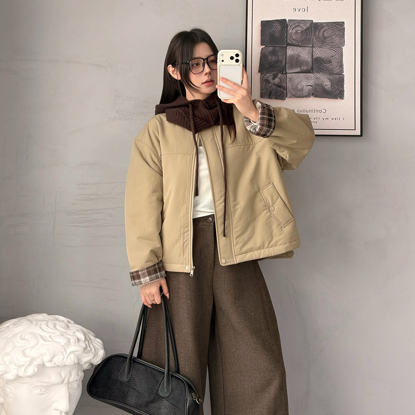己衣 秋款宽松短款夹棉外套女复古格纹袖口简约拉链百搭棉服上衣
