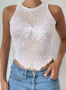 Knit See Through Sparkling Sequins Women Tank Top镂空上衣女