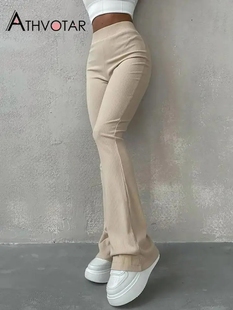 High Casual Women Ribbed Pants Waist 2024 Slim Flared