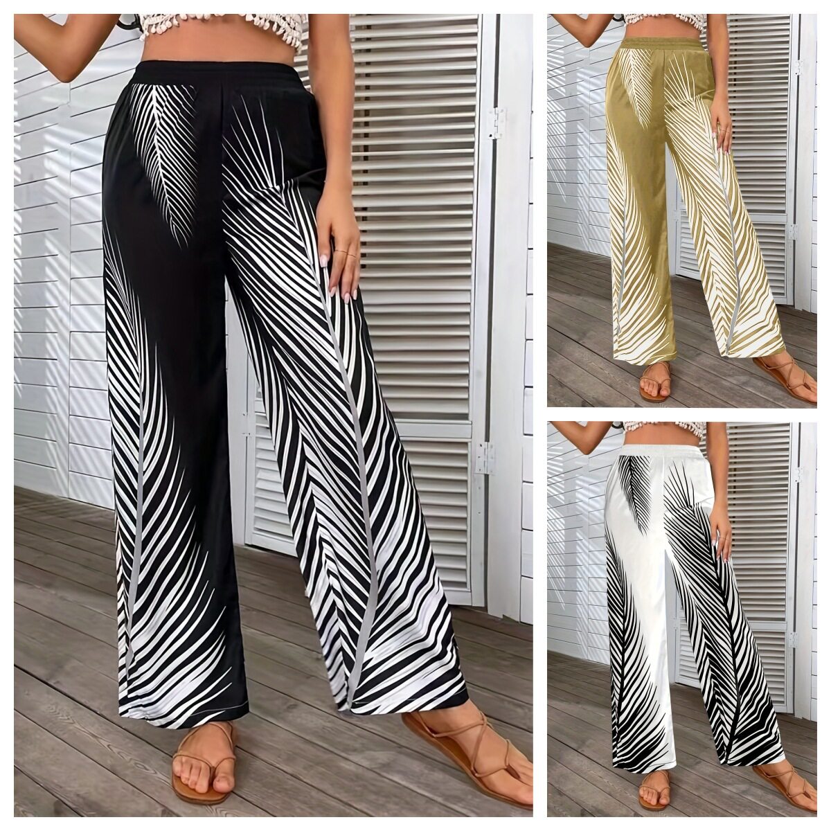 Women's striped leaf patterned wide leg pants女条纹叶阔腿裤