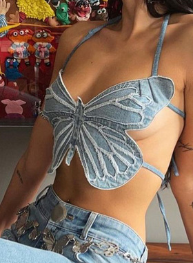 Women Beach Butterfly Jeans Crop Top Backless Strap Camis