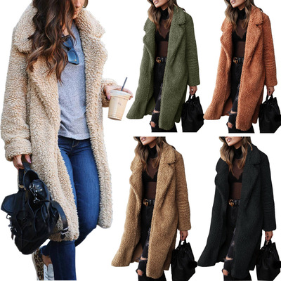 Winter women collar thickened plush top long coat毛绒长外套