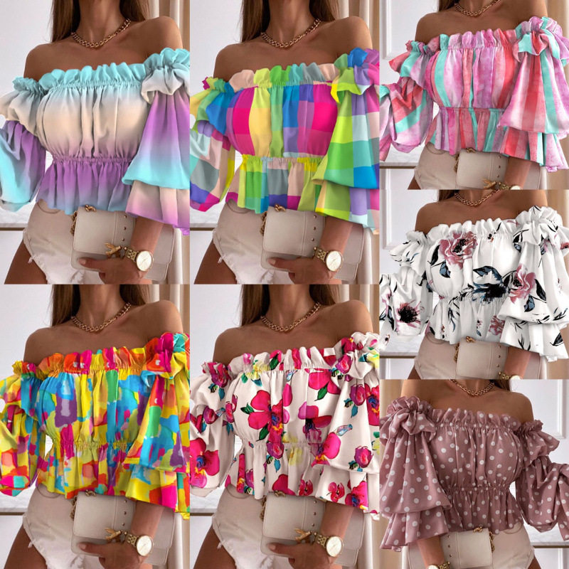 Women pleated shirt欧美一字肩褶皱衬衫女百搭欧美风潮抗皱短袖