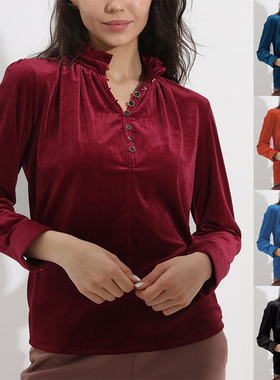Women's sexy V-neck gold velvet long sleeved shirt女长袖衬衫