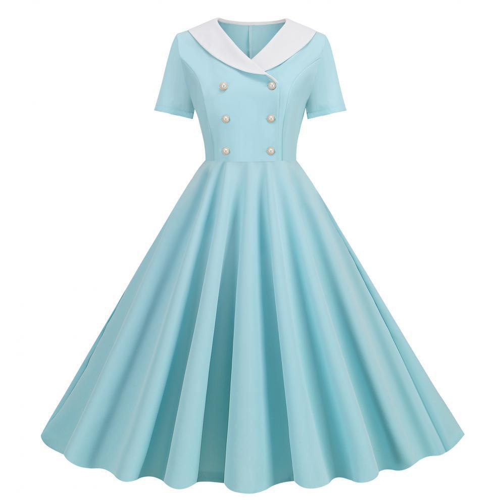 Women's short sleeved dress女夏季纯色短袖休闲复古大摆连衣裙