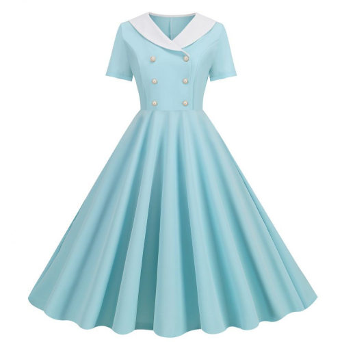 Women's short sleeved dress女夏季纯色短袖休闲复古大摆连衣裙