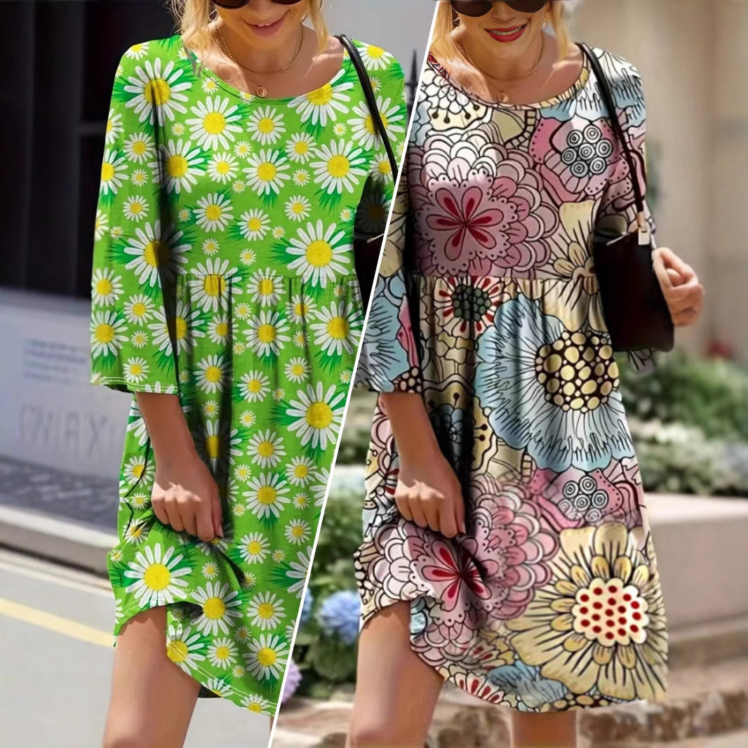Women's printed loose dress花朵印花宽松女连衣裙草绿色花色