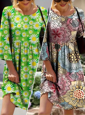 Women's printed loose dress花朵印花宽松女连衣裙草绿色花色
