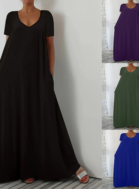 Women long skirt short sleeved V-neck plus size dress连衣裙