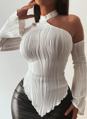 Women T-shirt Thread Elastic Force Crop Top Casual Blouses