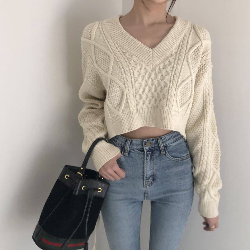 Women Back Waist Strap Knitted Shirt毛衣女v领后背绑带女短款
