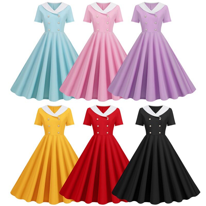 Women's short sleeved dress女夏季纯色短袖休闲复古大摆连衣裙