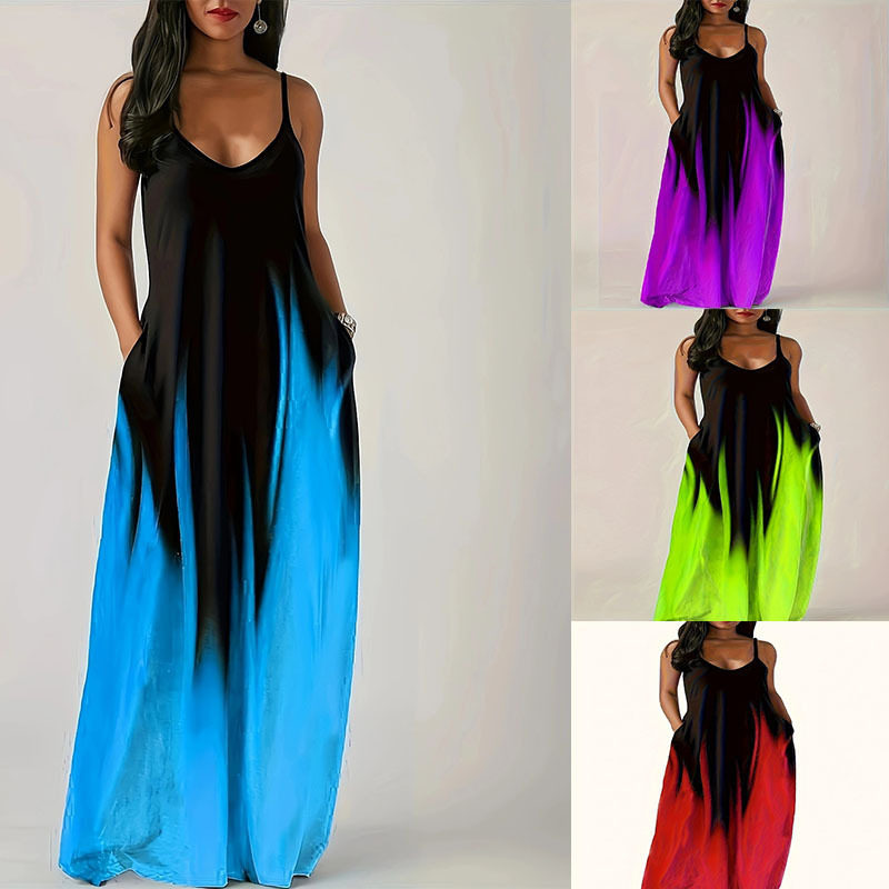 Gradient colored camisole long skirt printed dress印花连衣裙