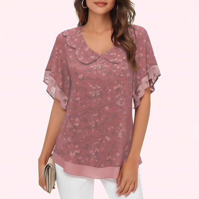 Women's round neck thin chiffon printed short sleeved shirt