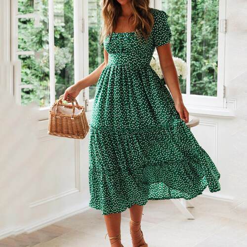 Women's square neck bubble sleeve floral dress女泡泡袖连衣裙